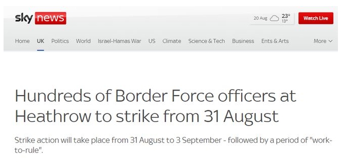 英国希思罗机场将于8月31日起连续罢工23天 英国希思罗机场将于8月31日起连续罢工23天