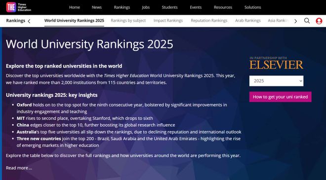 2025泰晤士世界大学排名发布 2025泰晤士世界大学排名发布